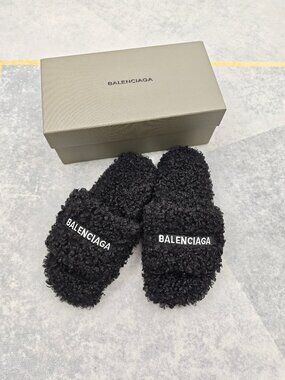 Balenciaga Black Curly Shearling Logo Slide Sandals Women’s
